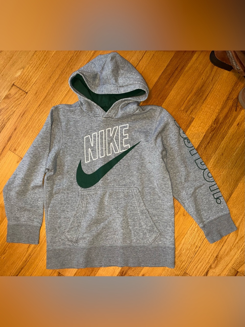 Nike Kids Gray Hoodie with Green Swoosh
